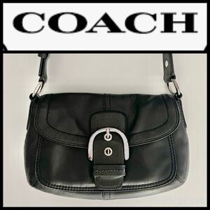 COACH BLACK soft LEATHER FLAP SNAP BUCKLE SHOULDER BAG SILVER HARDWARE M EUC